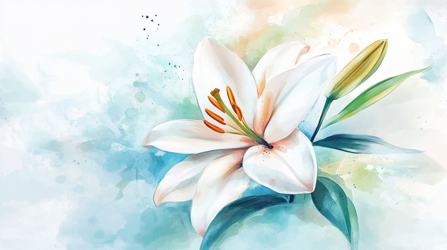 水彩白百合花卉插画