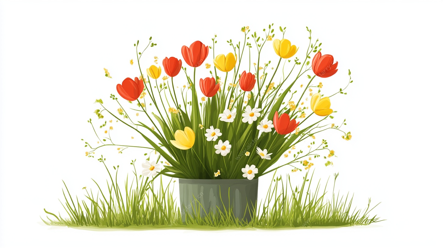 桶中多彩花卉插画
