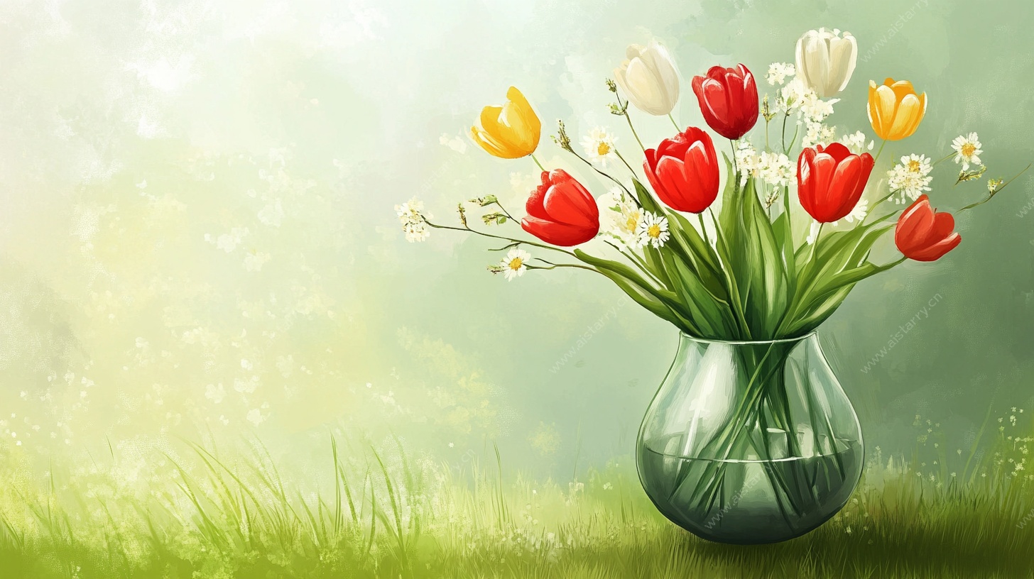 花瓶中的多彩花卉静物图