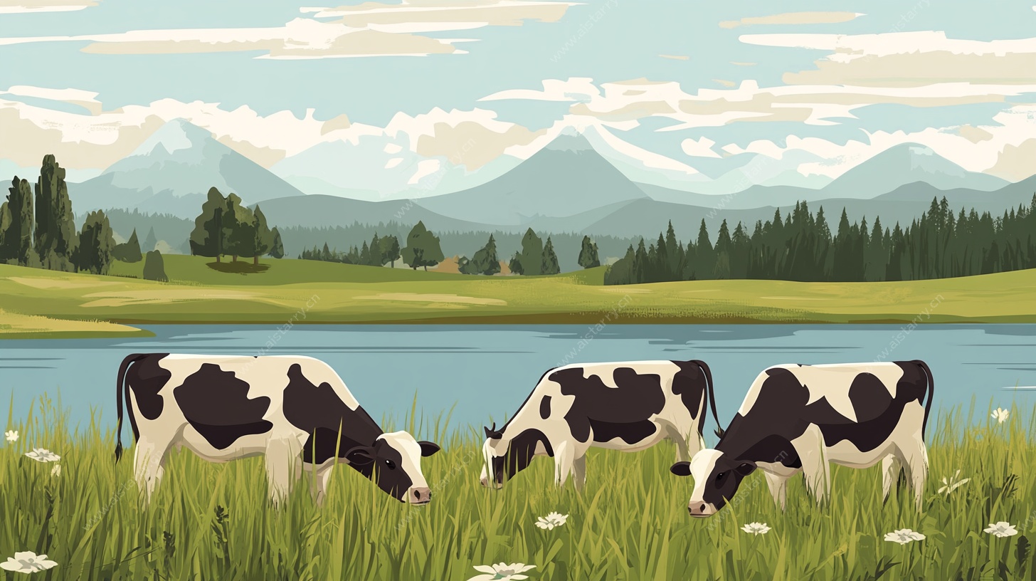 湖畔牧牛田园风光图