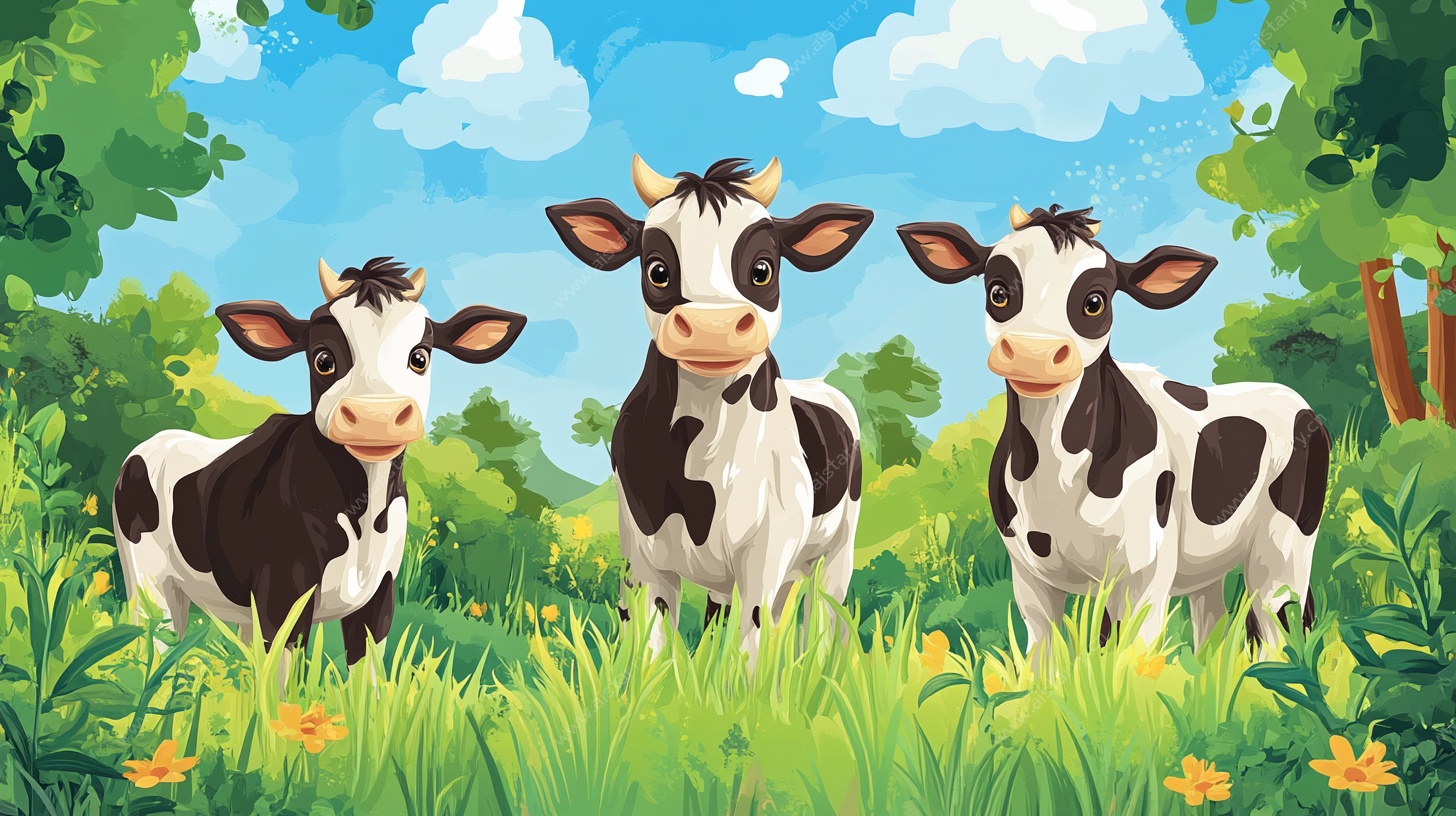 田园中的三头可爱奶牛