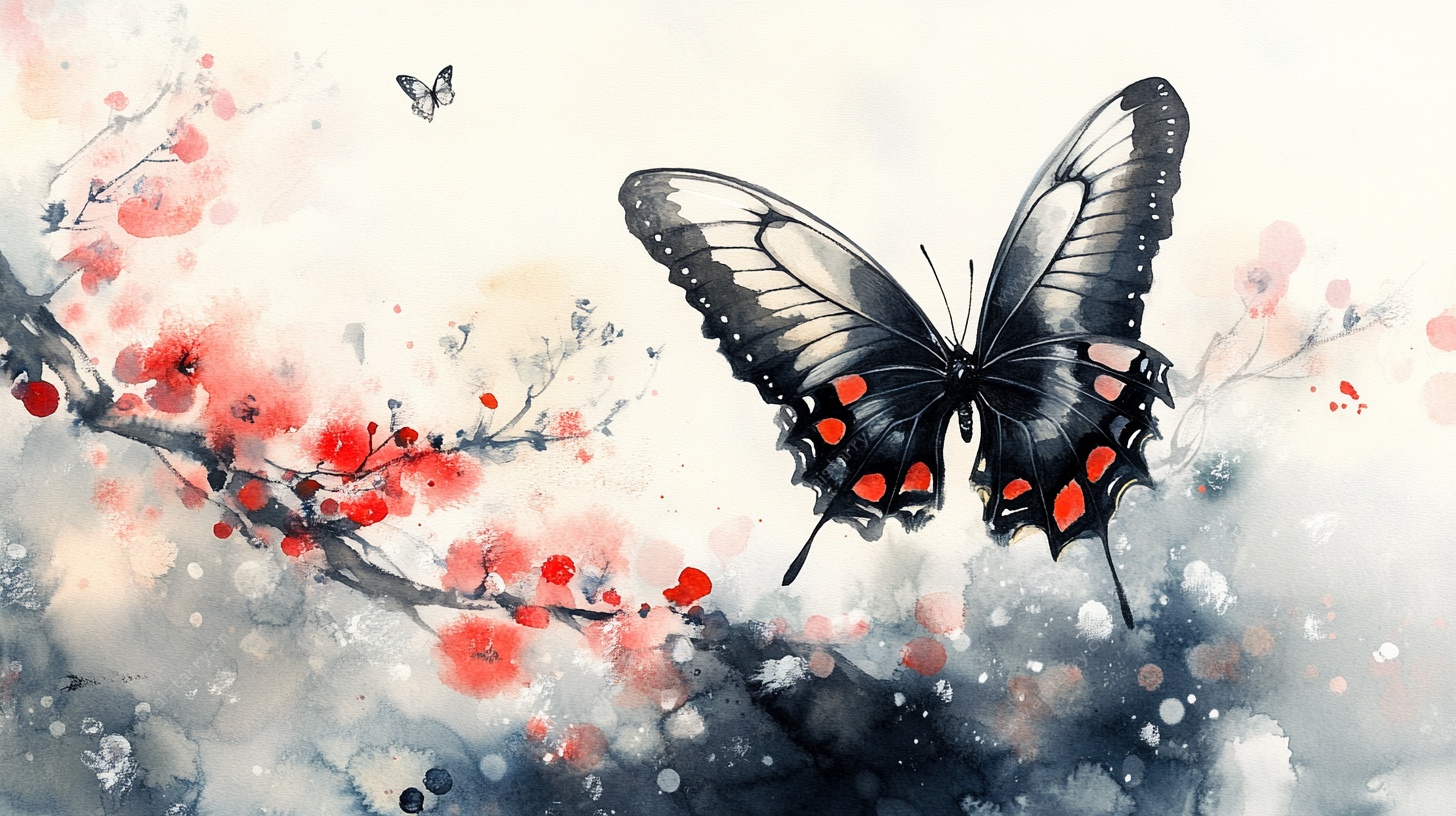 水墨蝶舞映花枝
