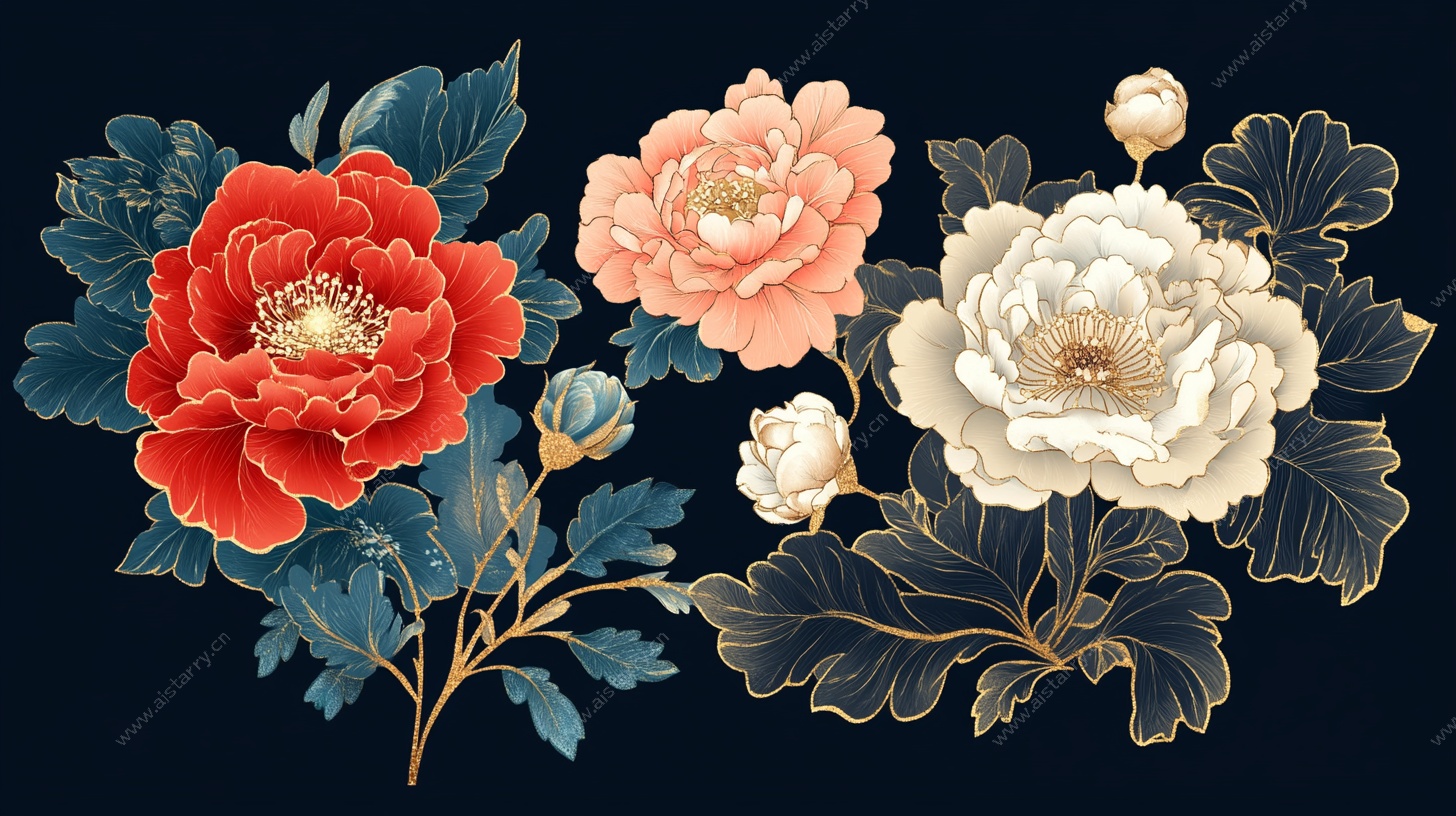 中式牡丹花卉插画