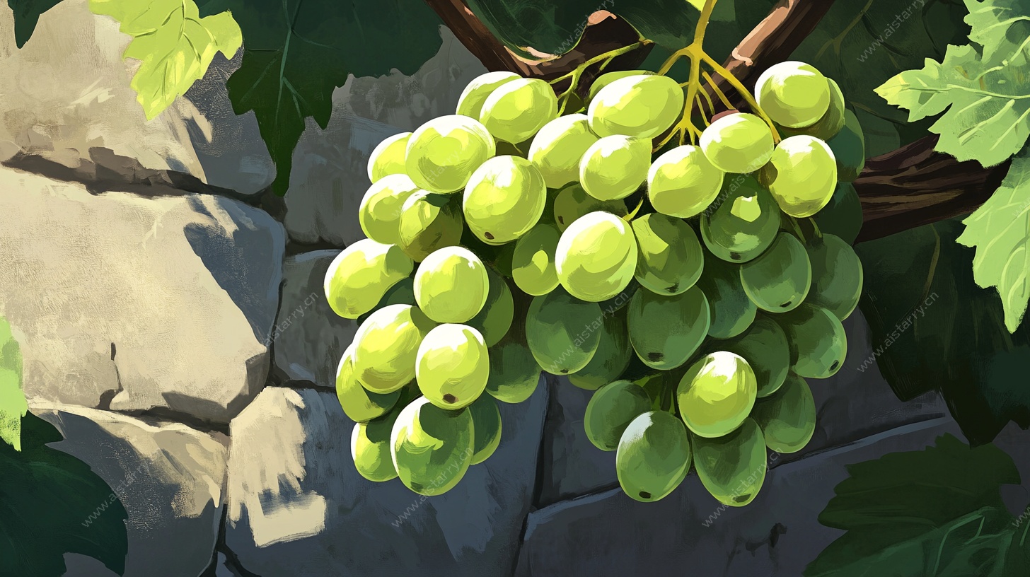 青葡萄悬挂在石墙藤蔓间