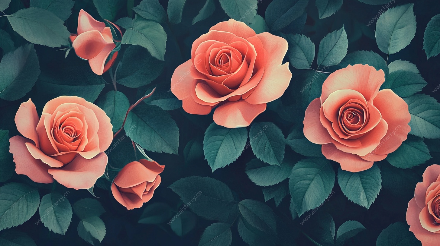 粉色玫瑰与绿叶插画