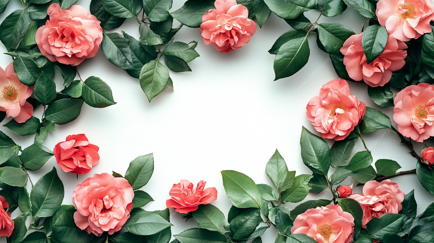 粉色玫瑰绿叶边框图案