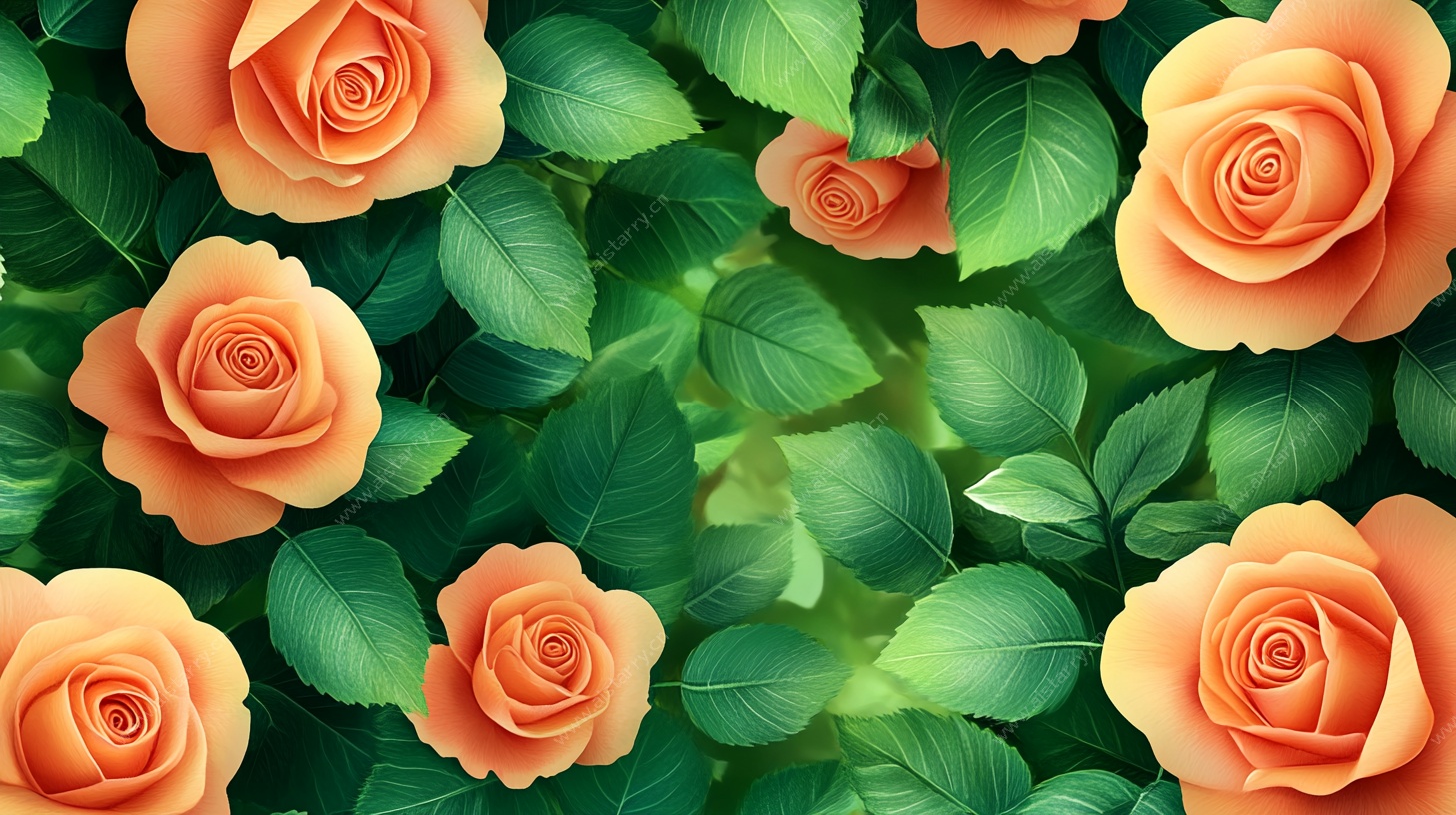 橙色玫瑰绿叶背景图