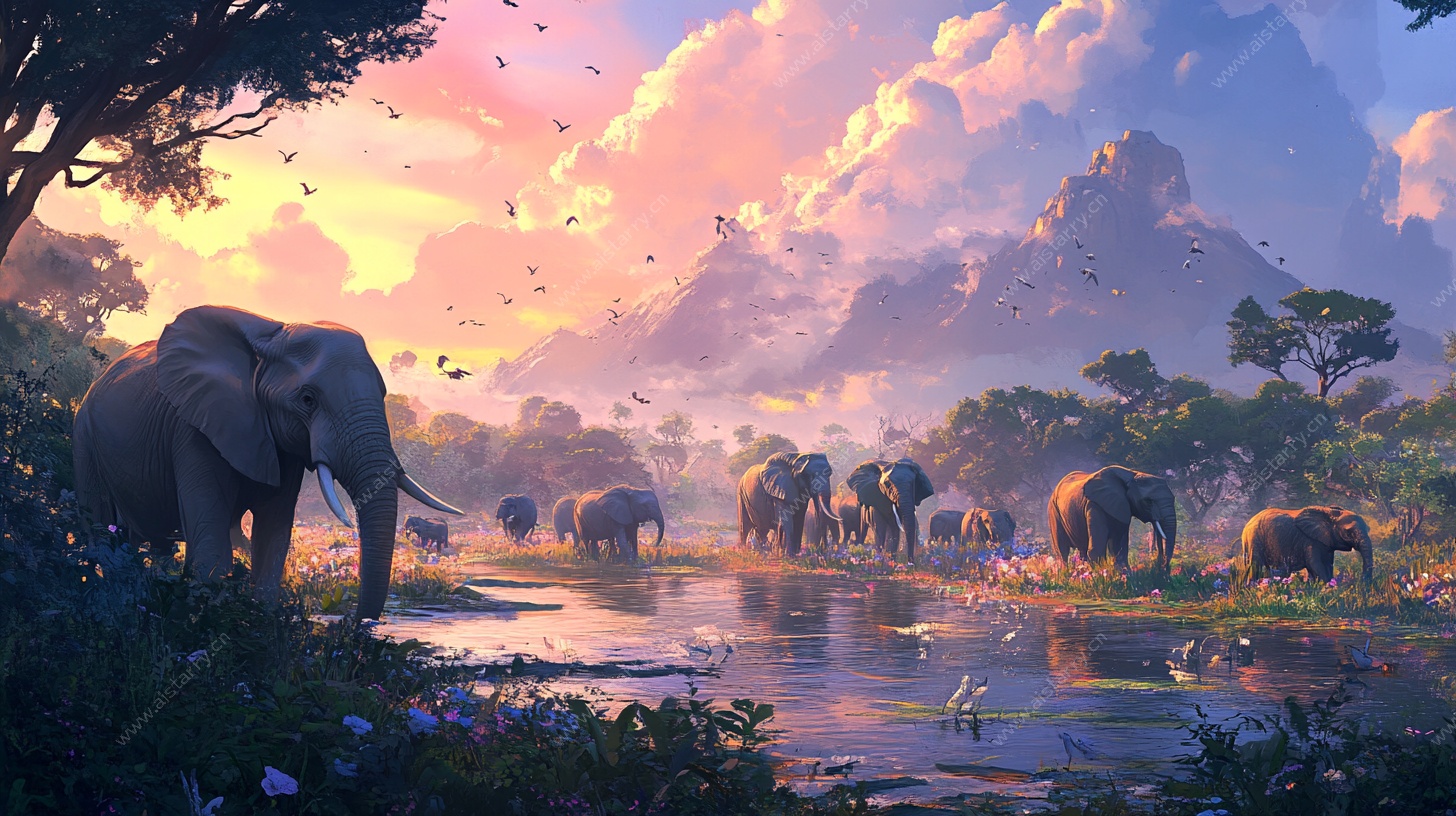 夕阳下的象群漫步