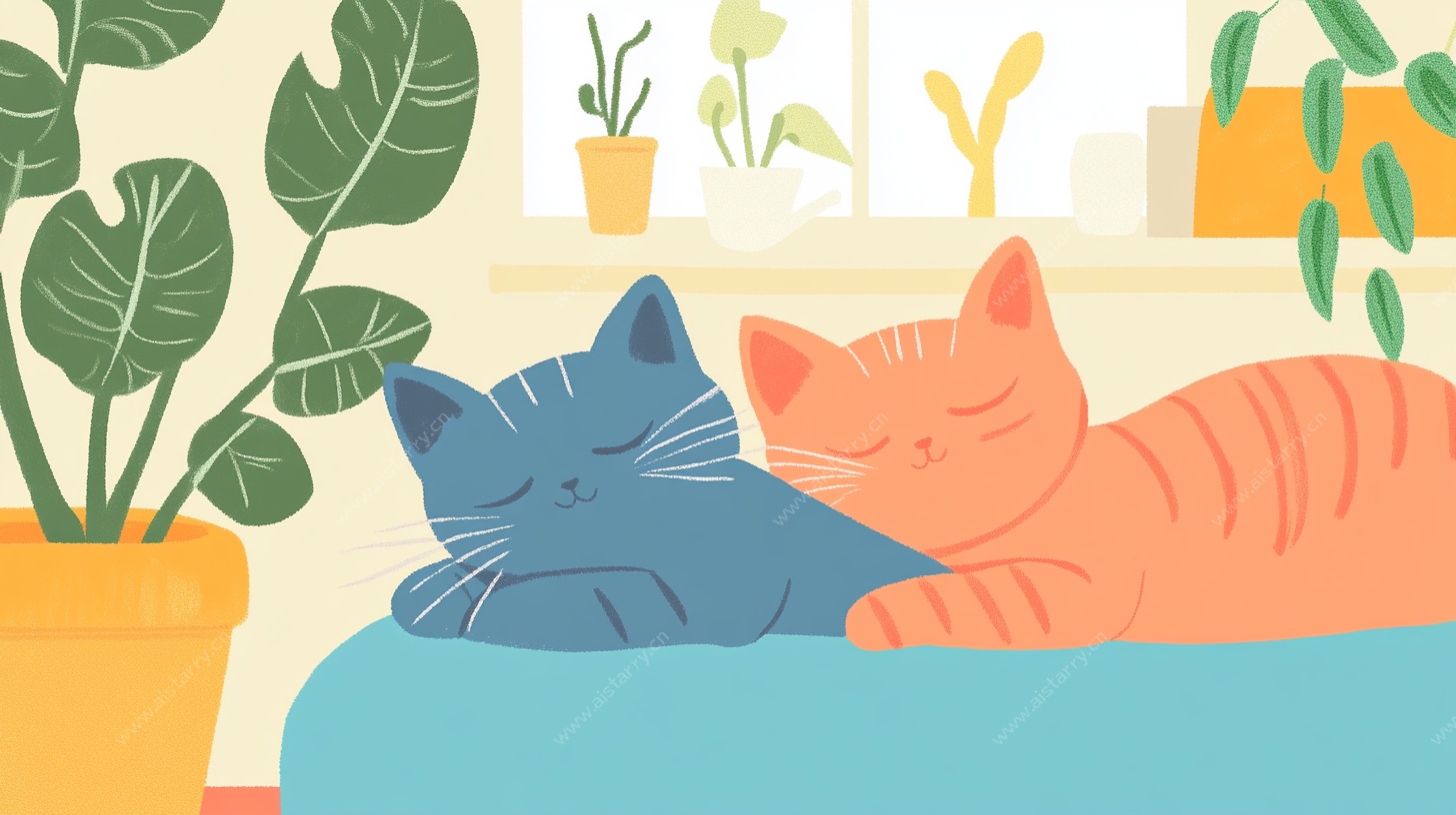 猫咪依偎绿植间温馨场景
