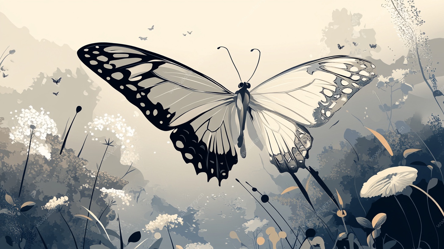 蝴蝶飞舞于梦幻花草间