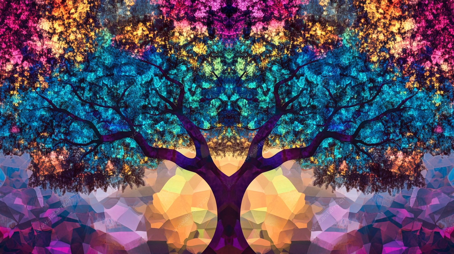 梦幻多彩树艺术插画