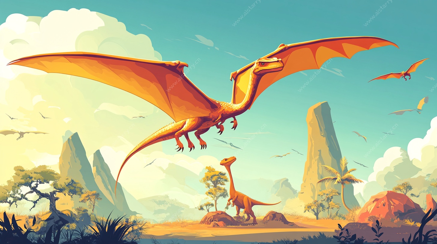 翼龙翱翔的史前奇幻景观