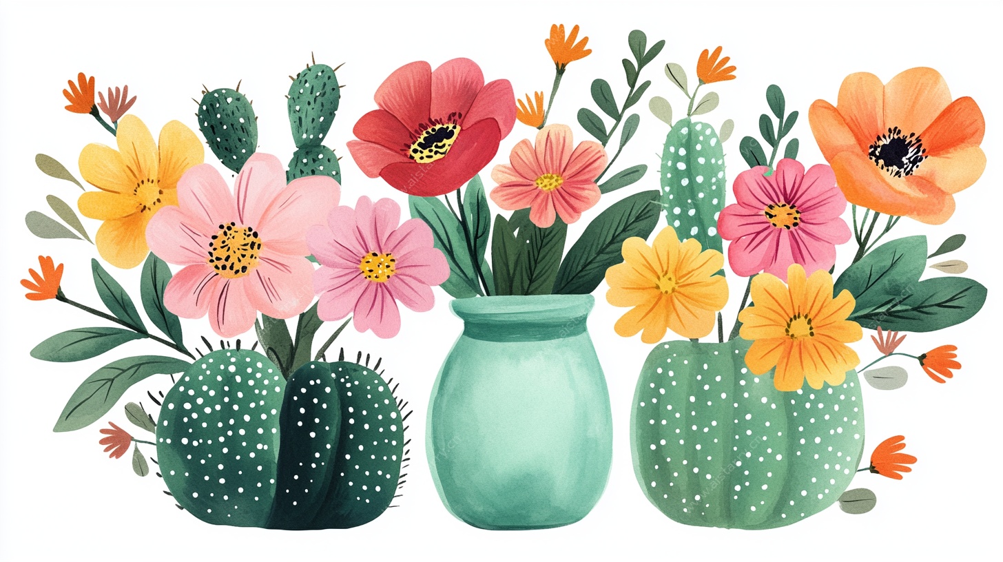 花瓶与仙人掌花卉插画
