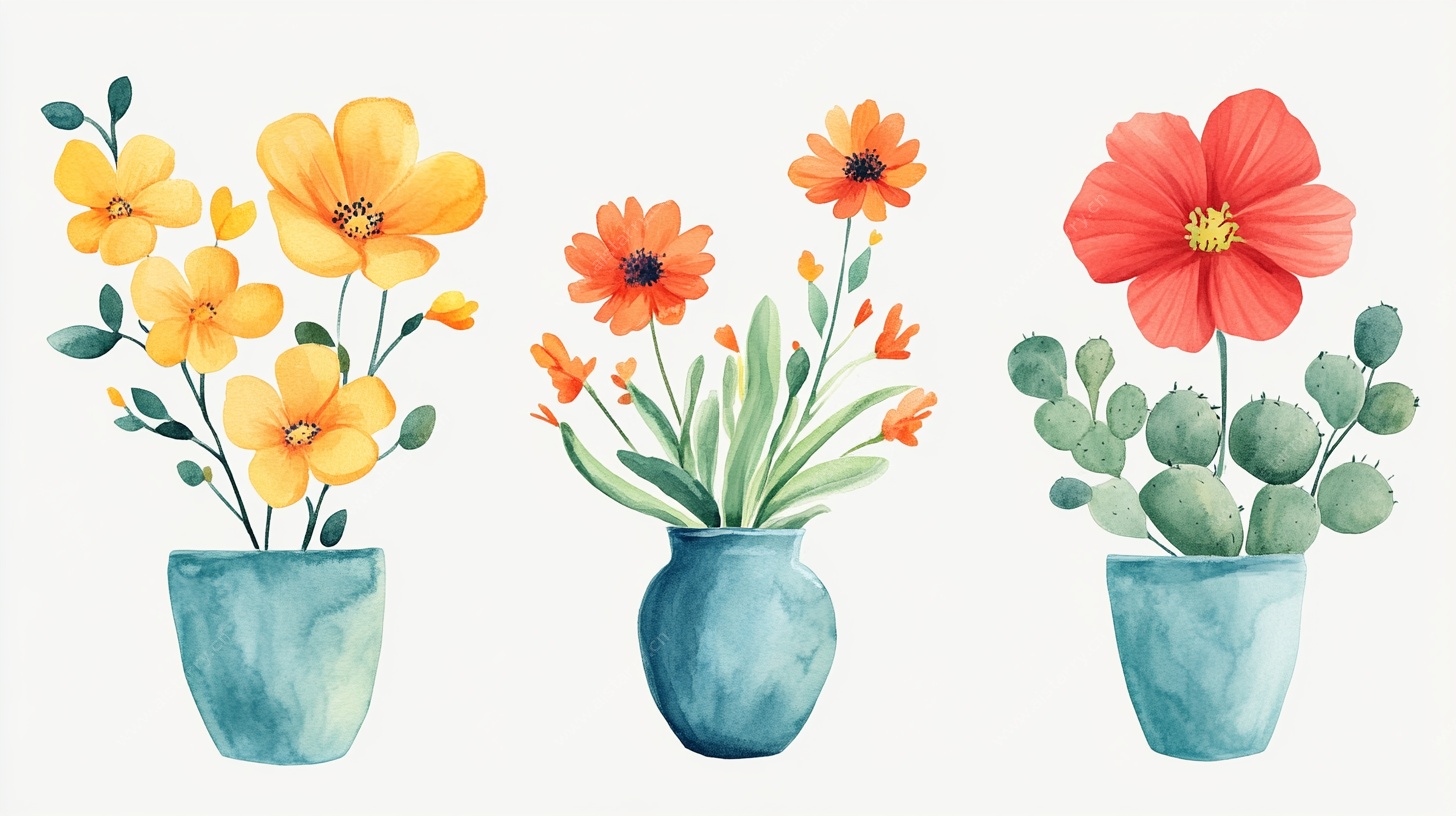 水彩花卉盆栽插画