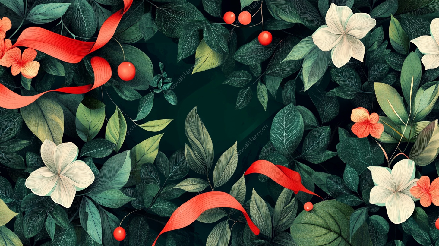 繁花绿叶间的红丝带装饰