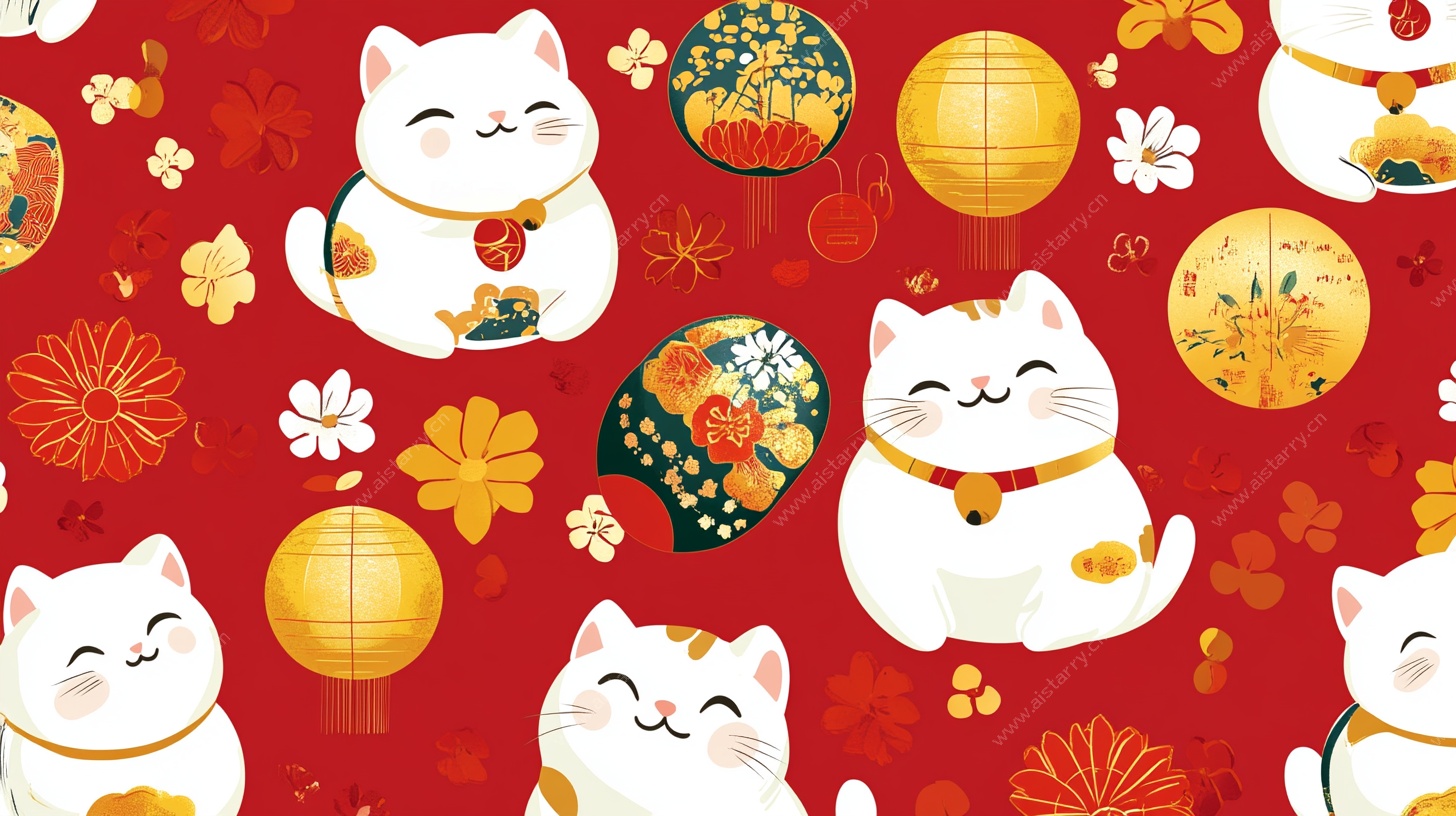 招财猫日式喜庆花纹图案