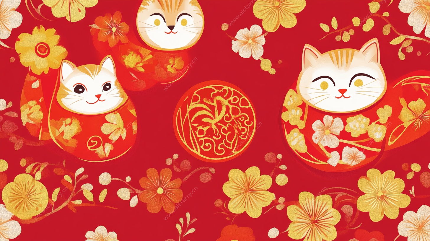 招财猫花卉喜庆图案