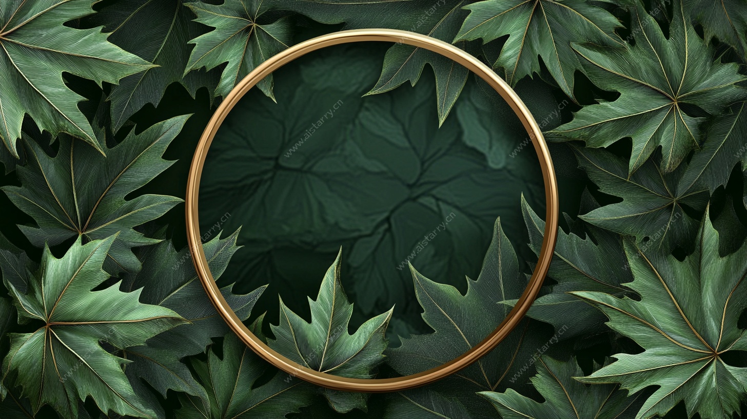 圆形金框绿叶背景图
