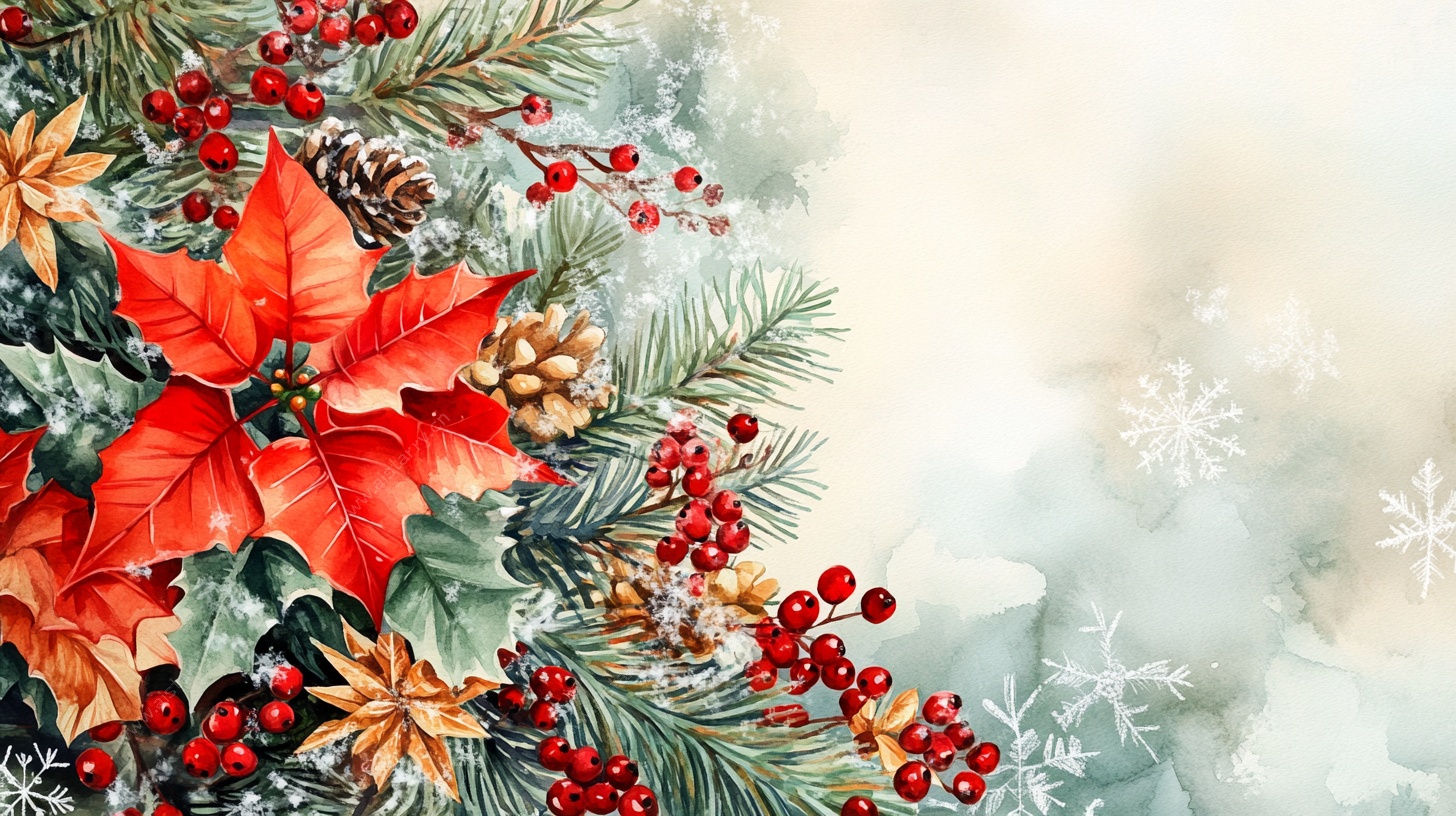圣诞花卉松枝水彩背景图