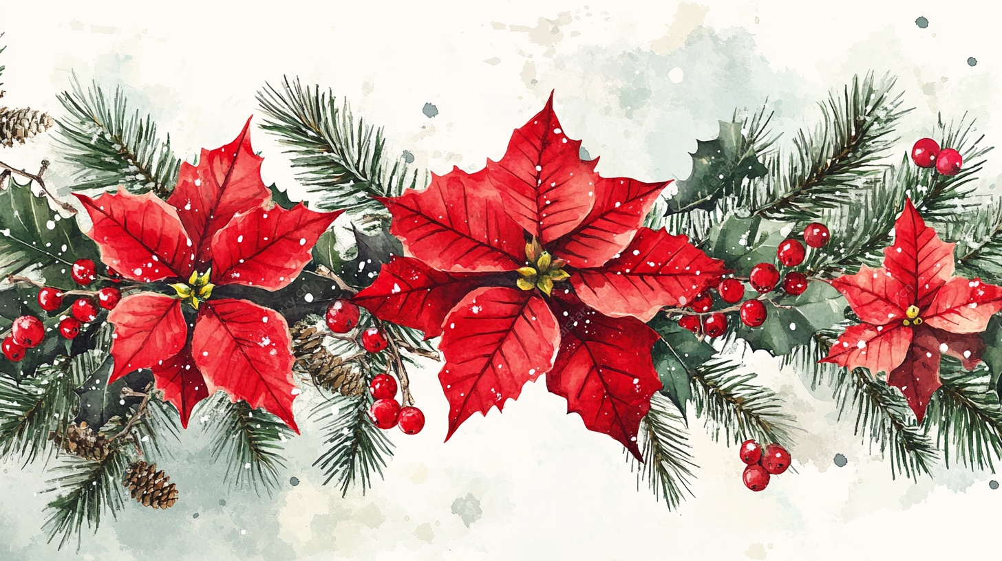 圣诞一品红松枝水彩装饰