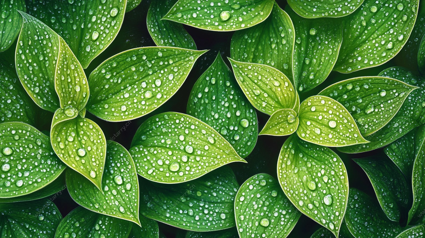 露珠点缀的翠绿叶片