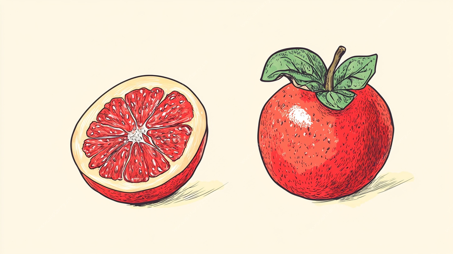 手绘红柚与苹果插画