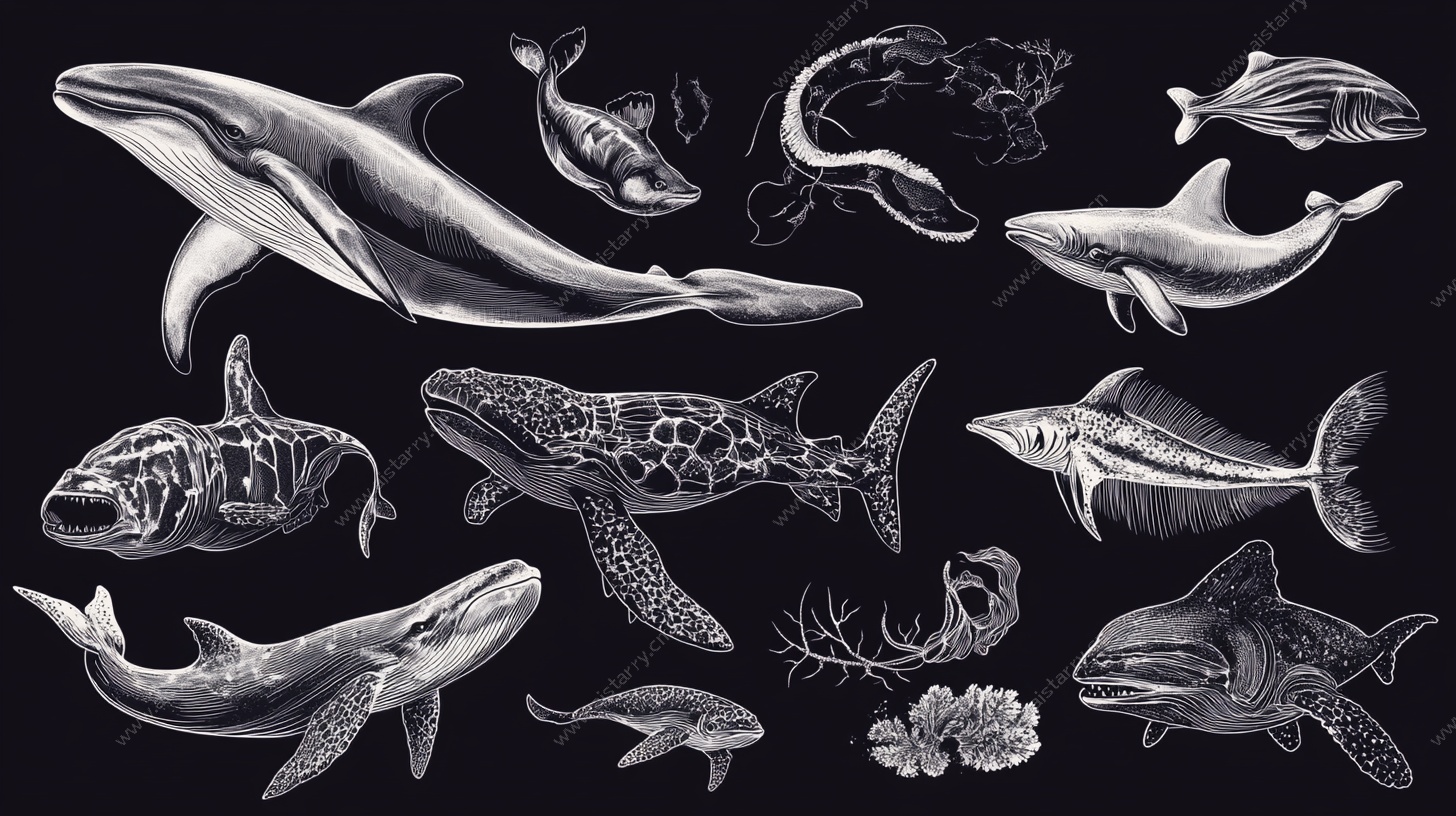 海洋生物黑白插画集合