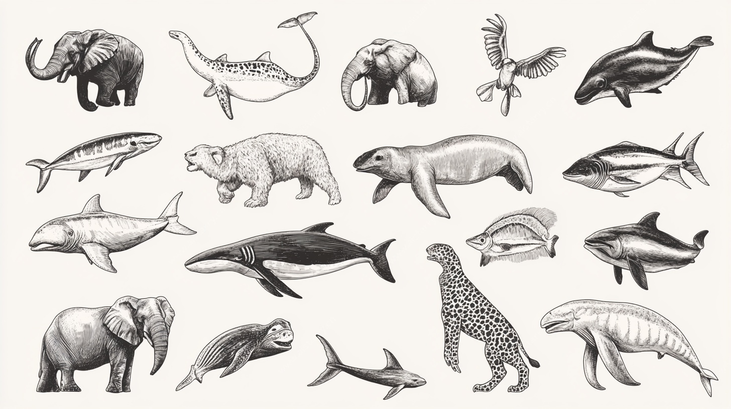 手绘多样野生动物集合