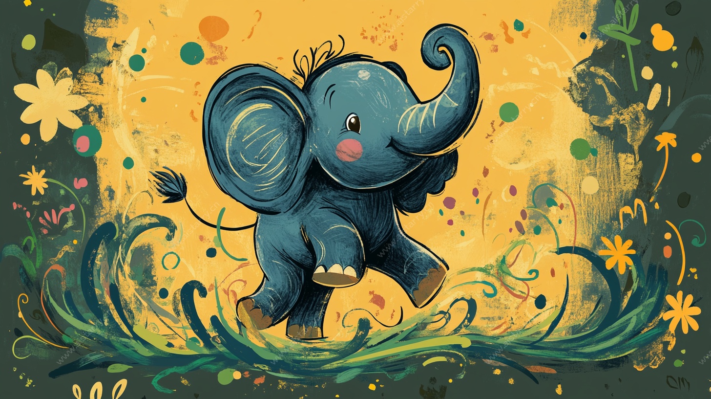 蓝色小象欢乐奔跑插画