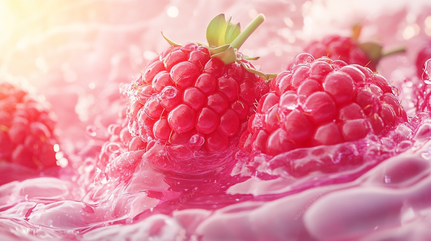 树莓入水瞬间的梦幻画面