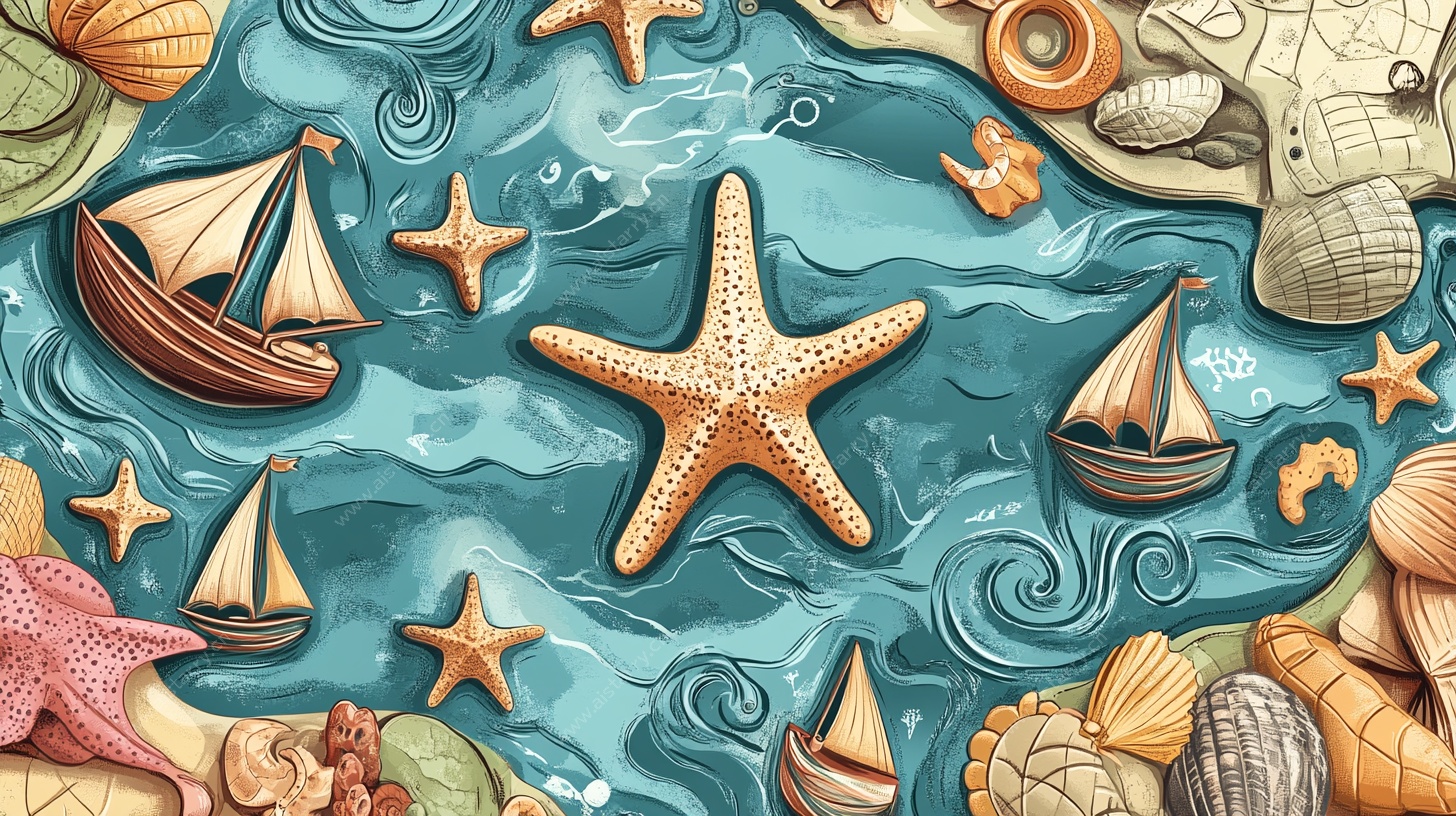 海洋元素插画 海星与船只