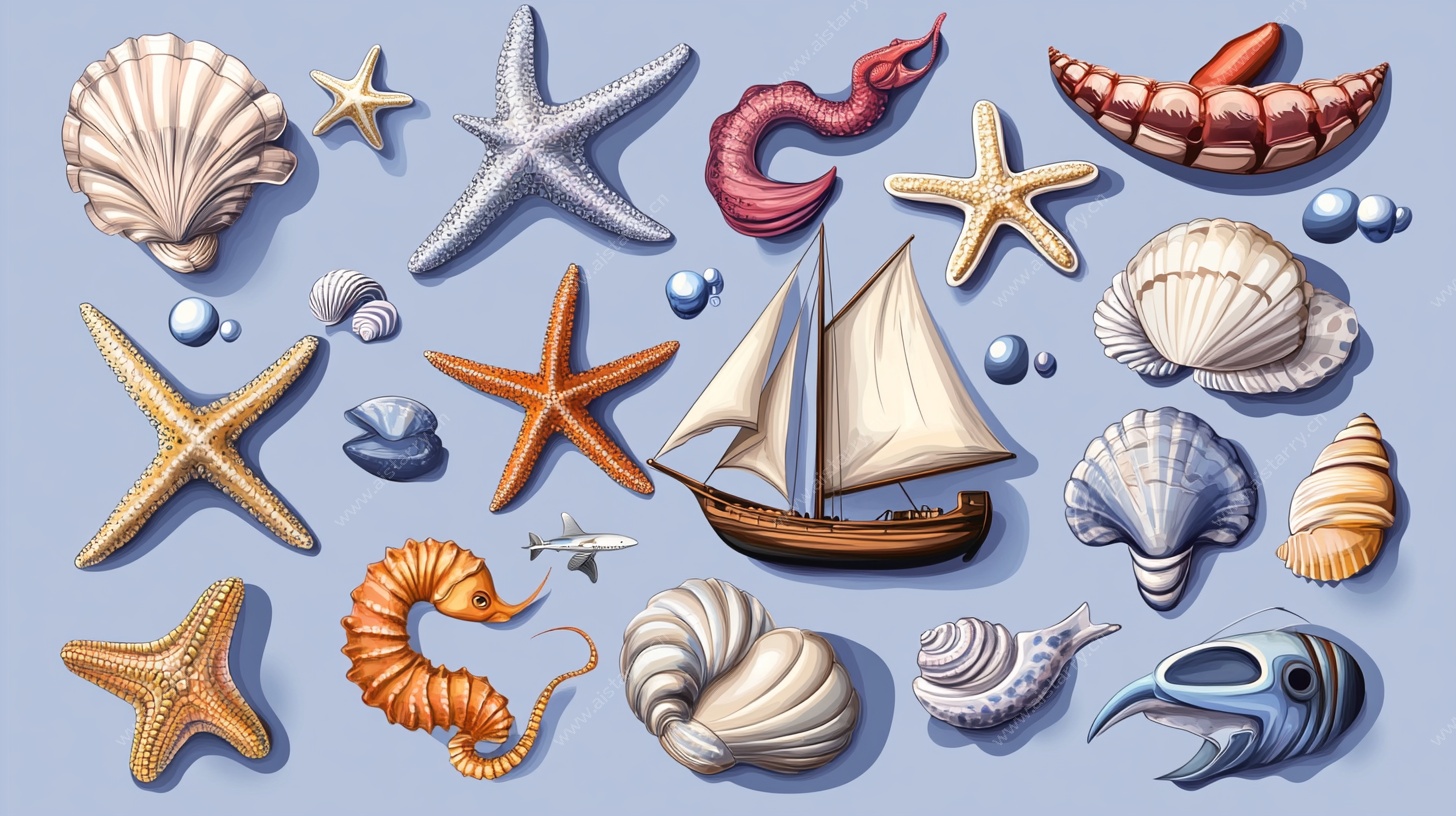 海洋元素插画 贝壳与帆船