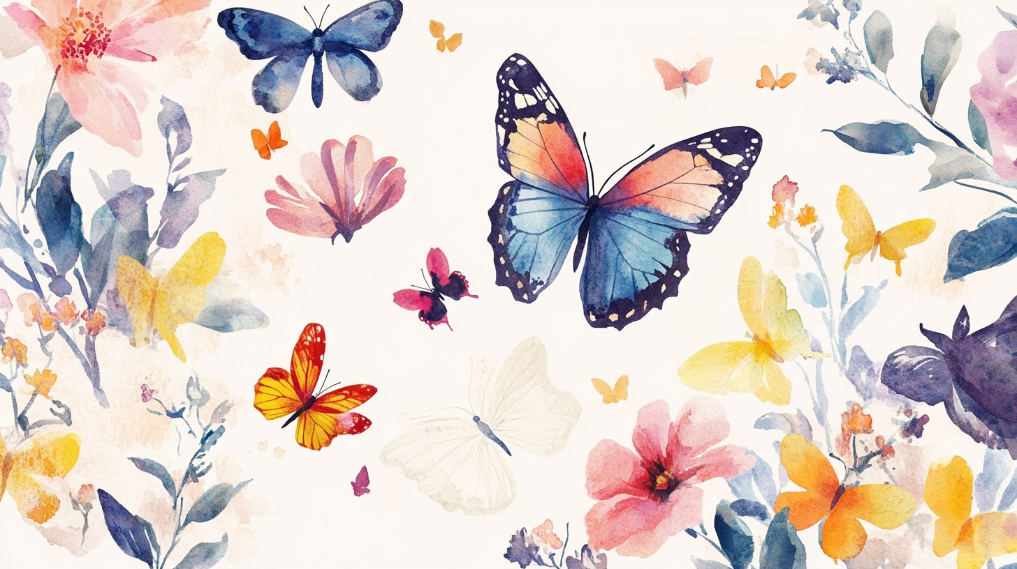 水彩花卉蝴蝶梦幻插画