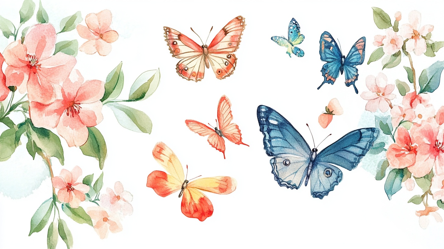 蝴蝶伴花水彩插画