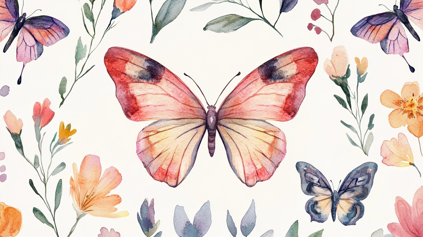 水彩蝴蝶花卉图案