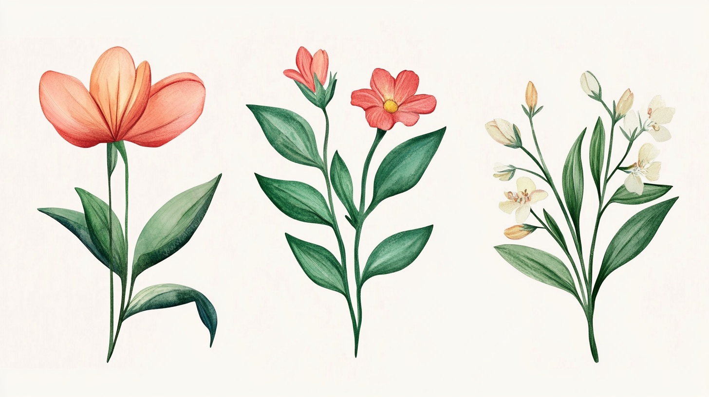 手绘三色花卉插画