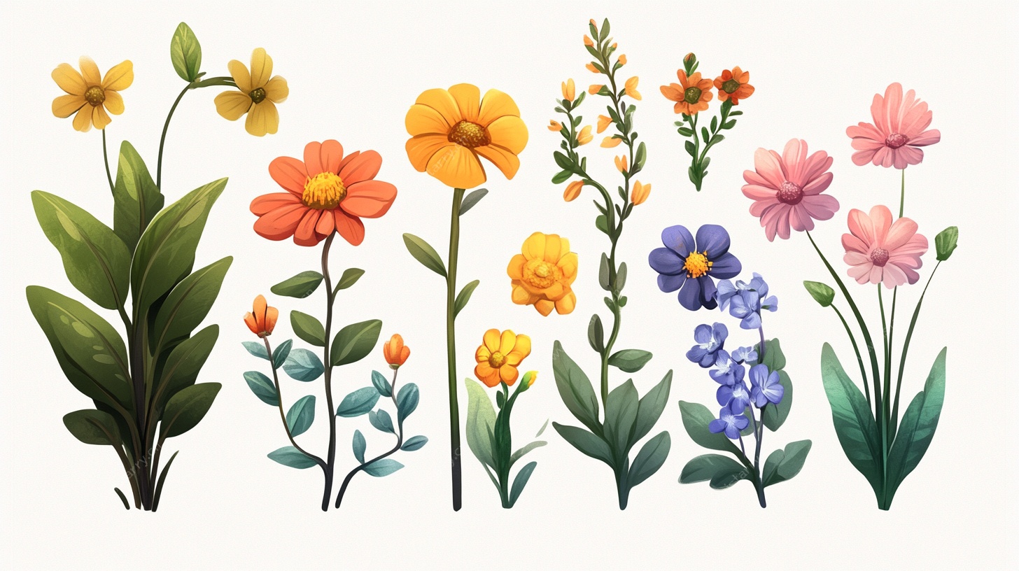 手绘多彩花卉植物集合