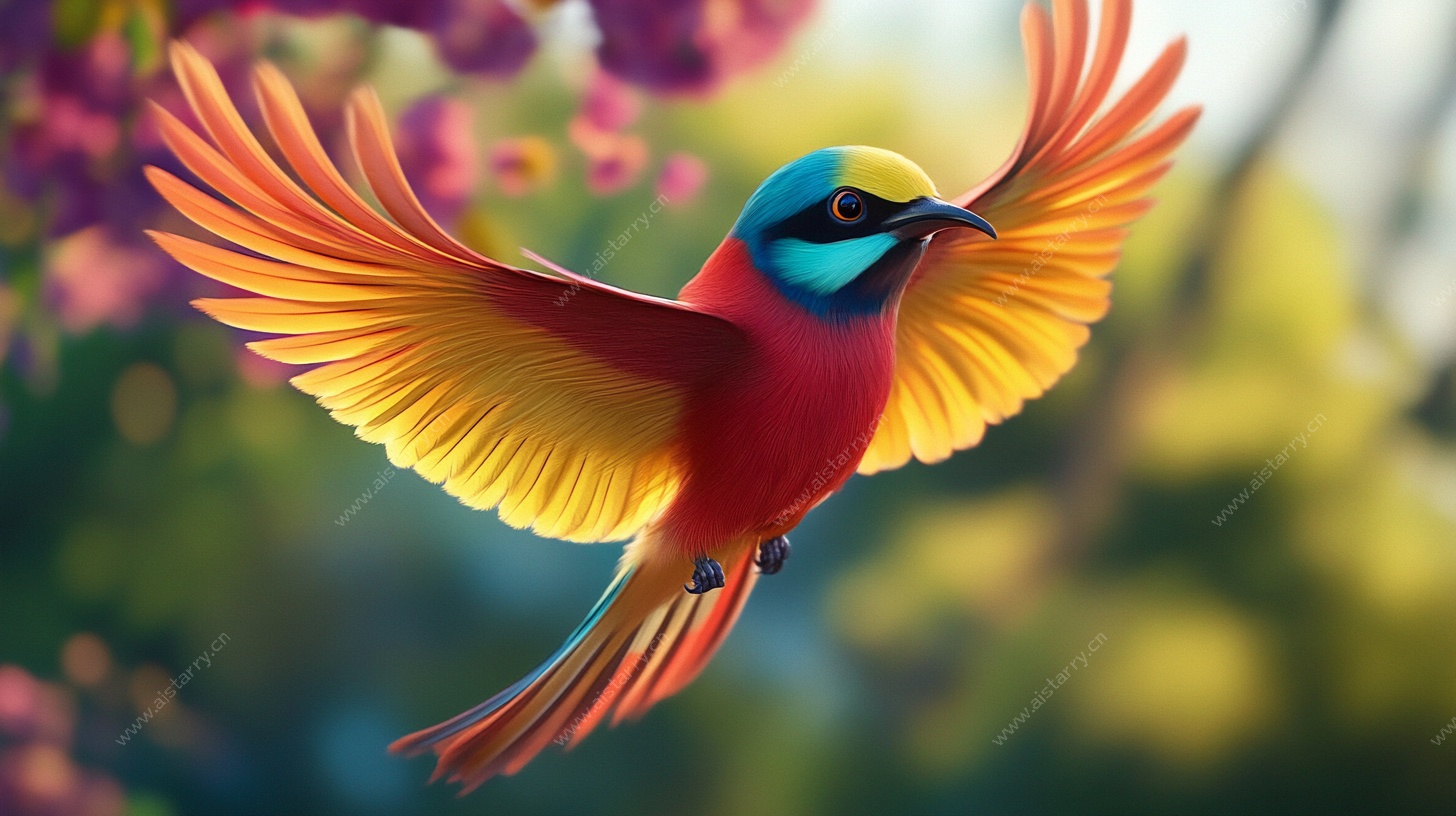 彩色飞鸟展翅于花丛间