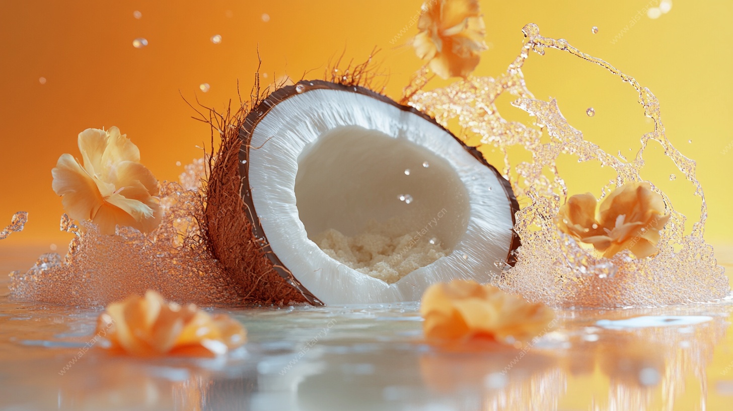 切开的椰子与飞溅果汁