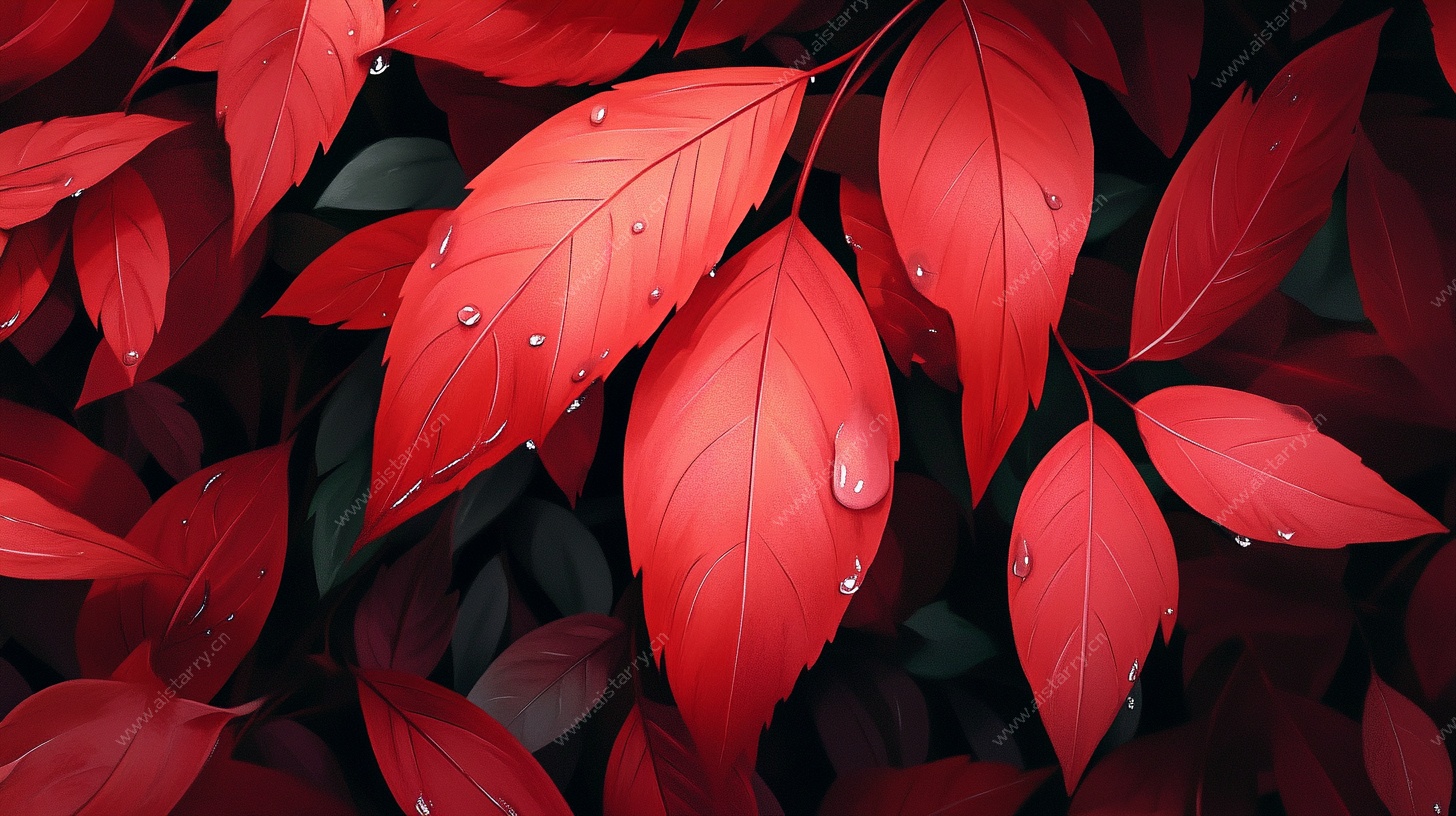 红枫带露叶片特写