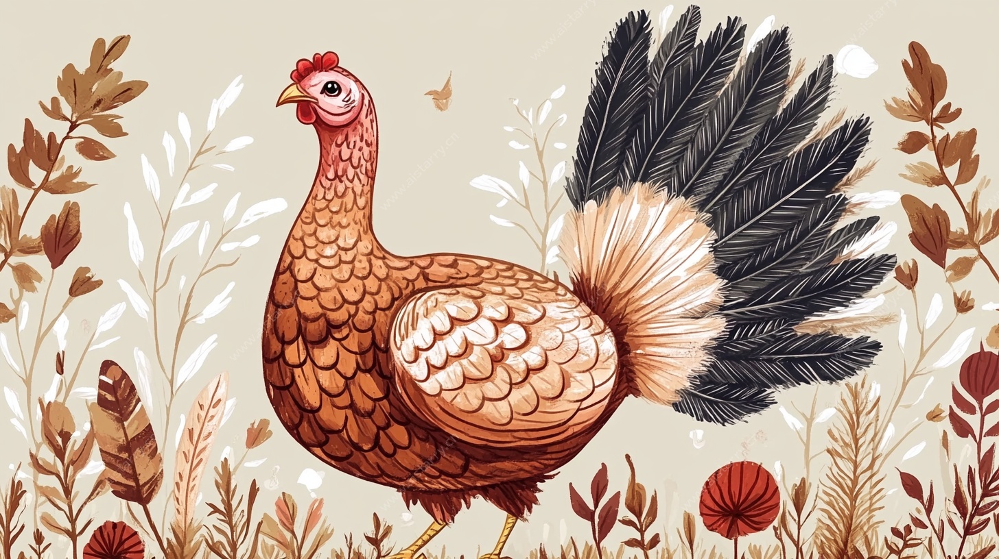 田园风插画 华丽羽毛的鸡
