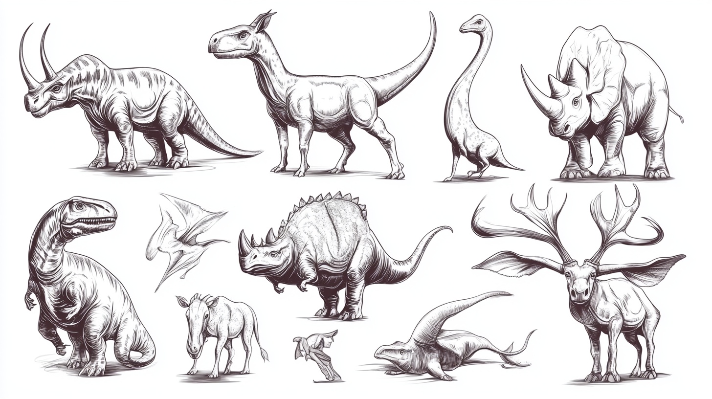 手绘恐龙等史前动物集合