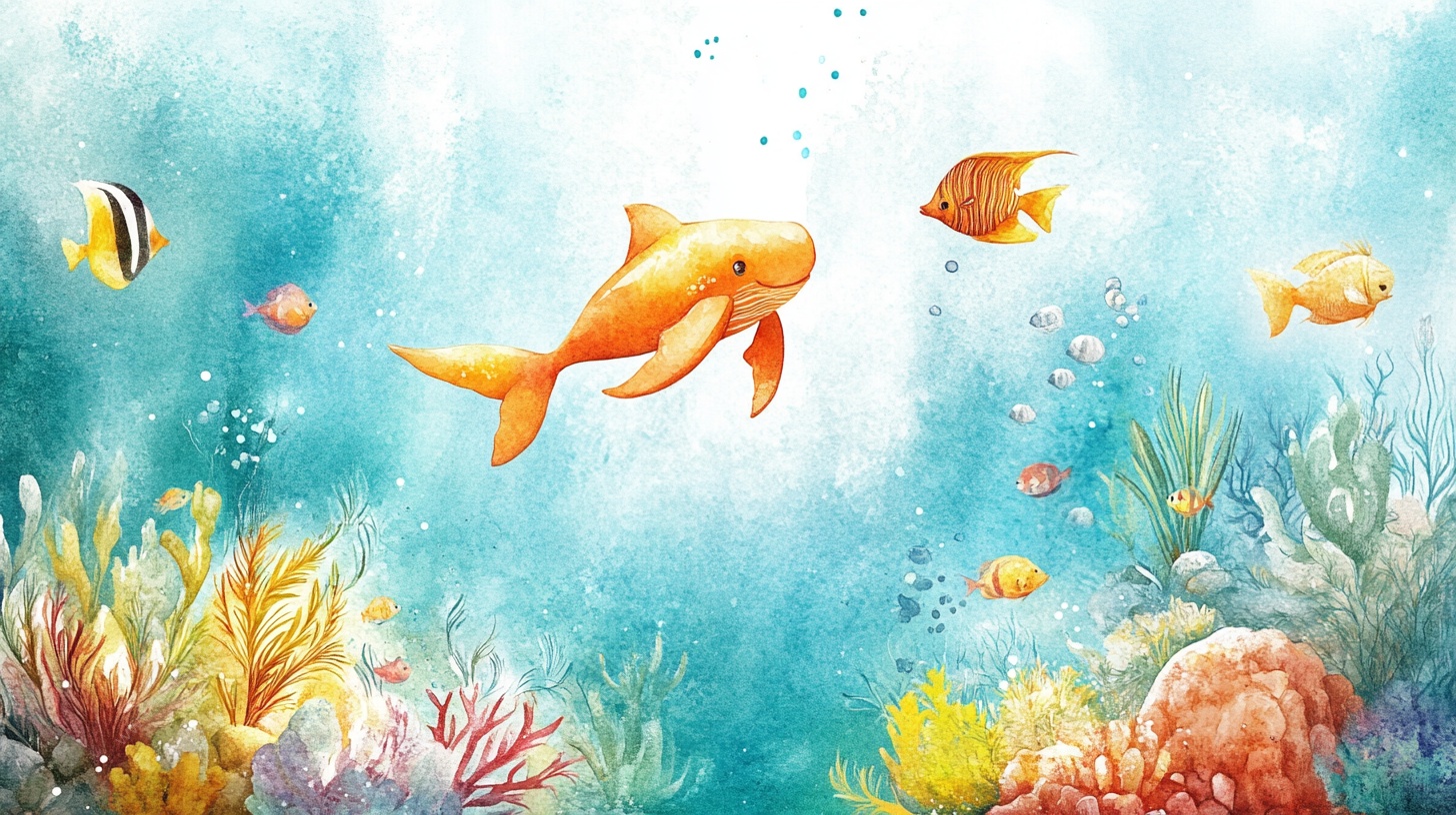 海底奇幻鱼群水彩插画