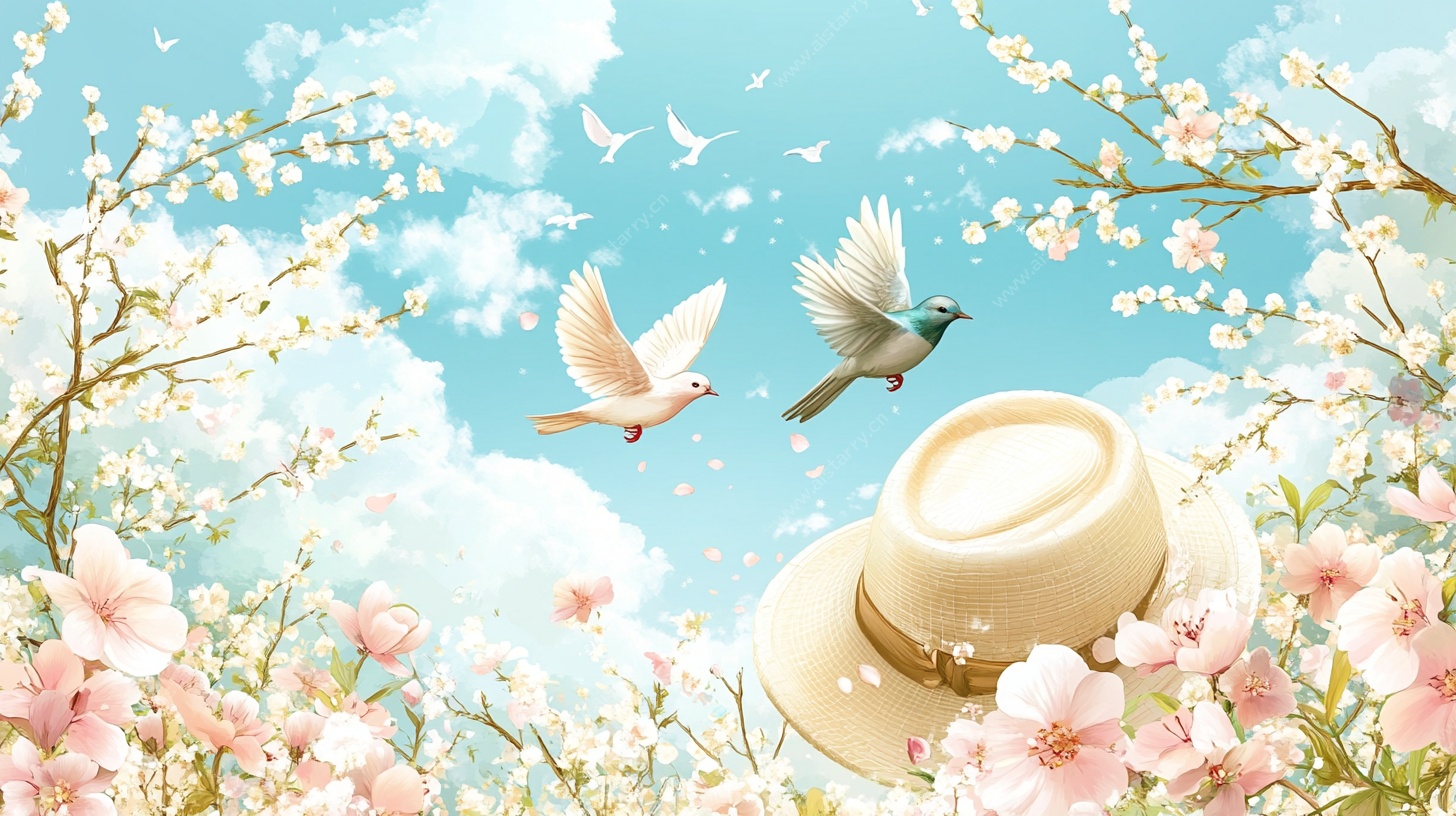 春日飞鸟与繁花礼帽图