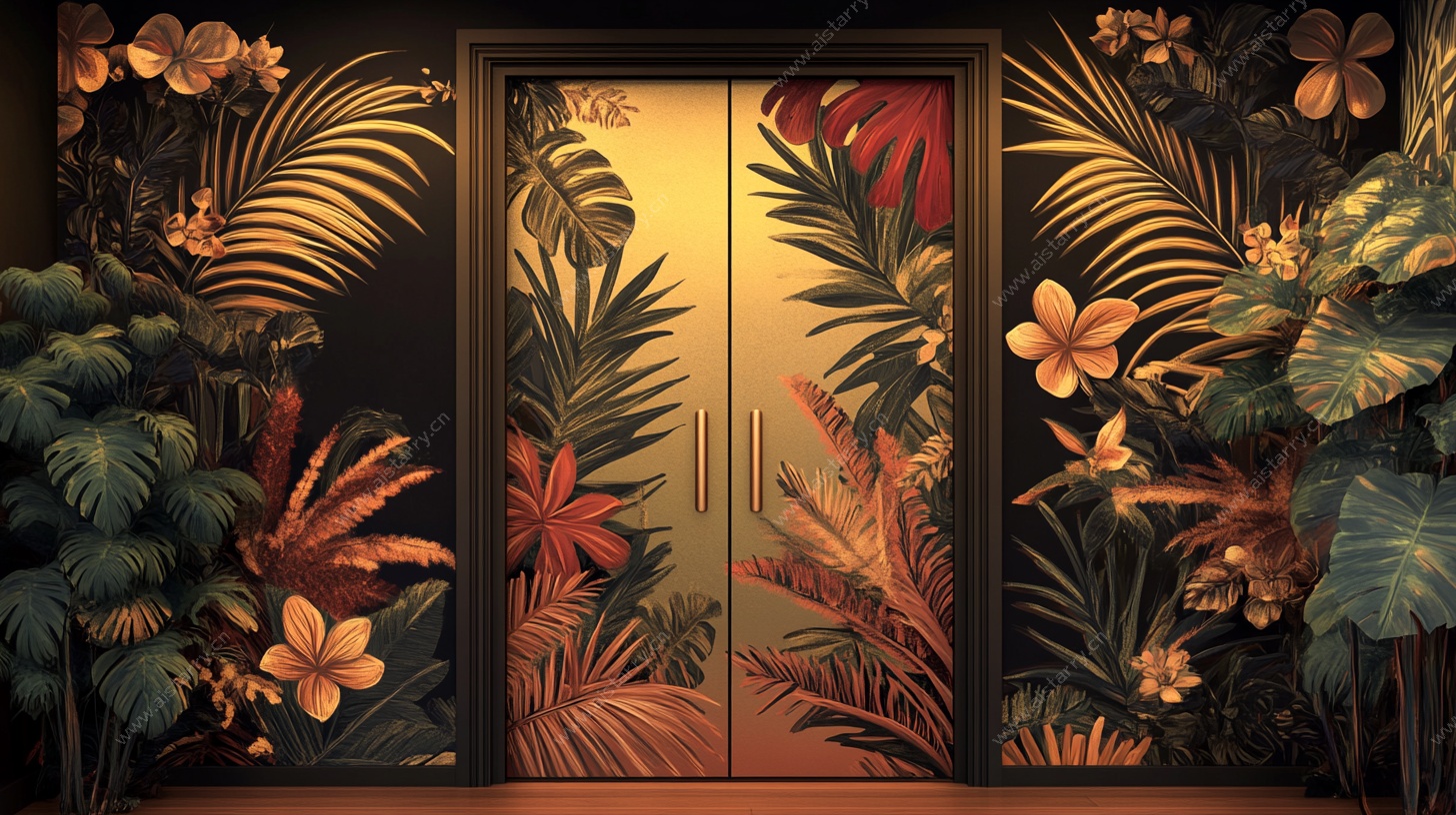 热带花卉环绕的神秘双开门