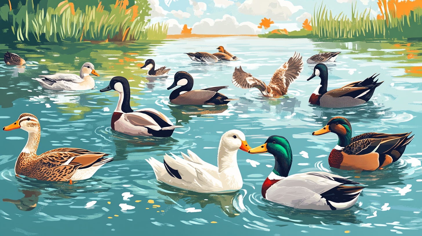 湖畔群鸭嬉戏图