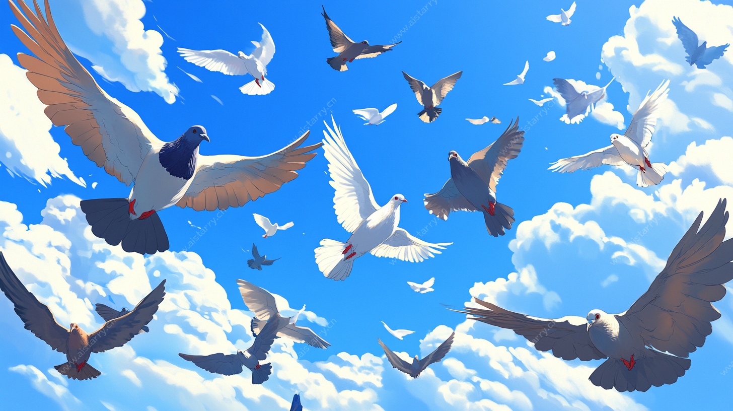 蓝天白鸽群飞图景