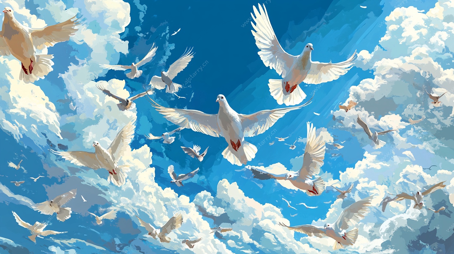 白鸽翱翔于蓝天