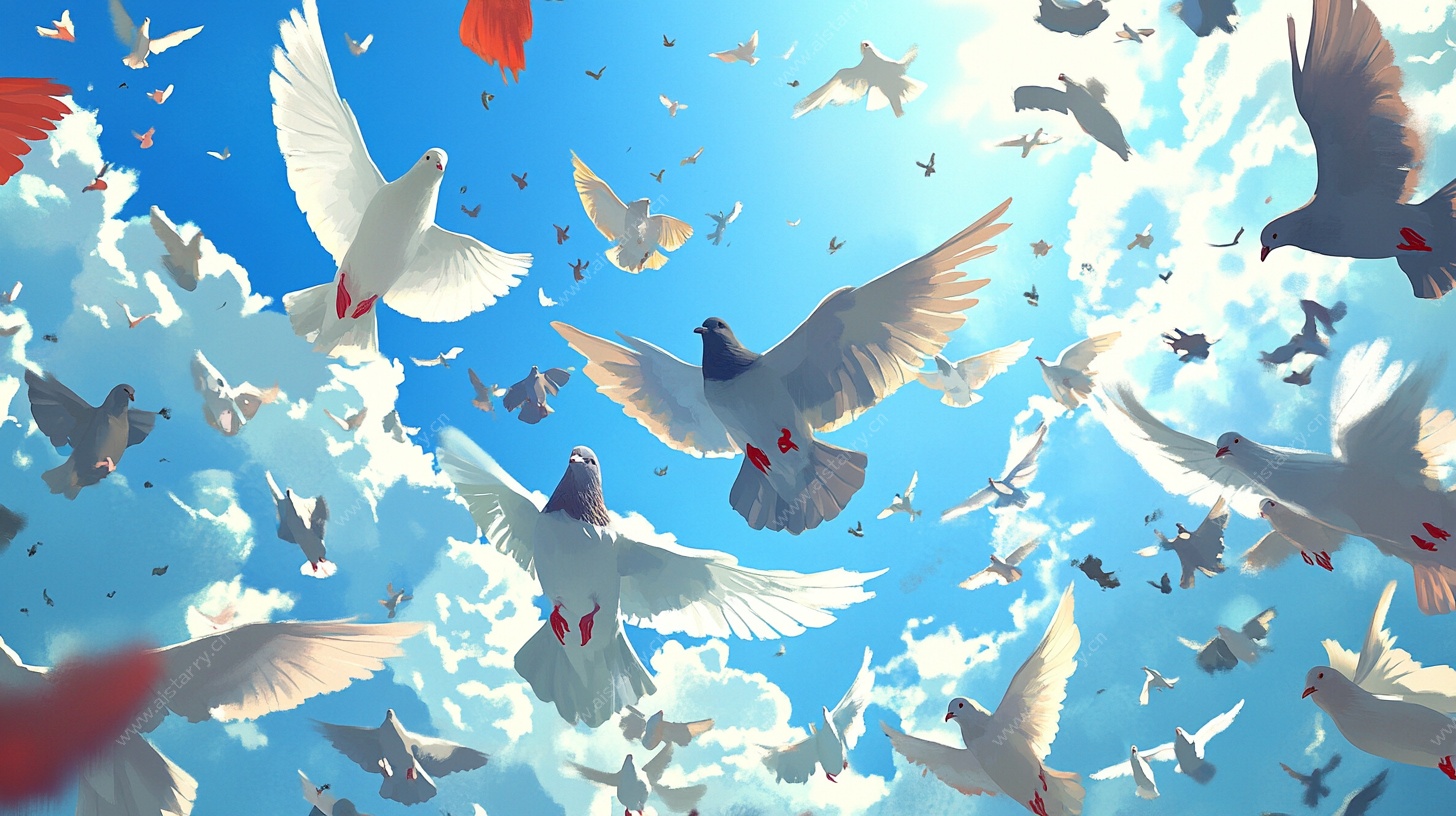 群鸽翱翔蓝天图景