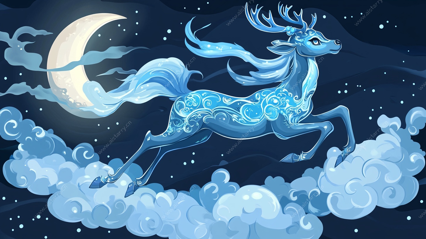 梦幻蓝鹿月夜踏云图